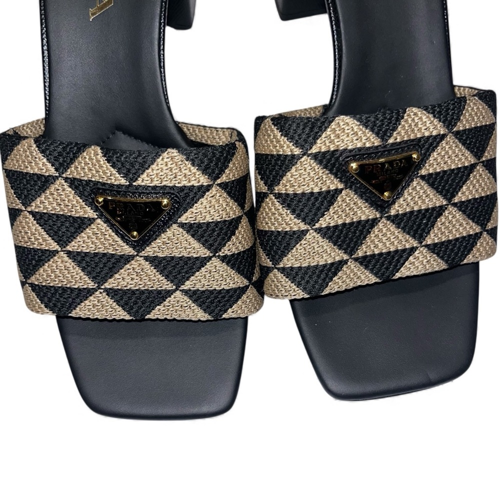 Prada Black Tan Slide Sandals Heeled Mules Jacquard Triangolo Open Toe 7.5 🟡 - Picture 4 of 13